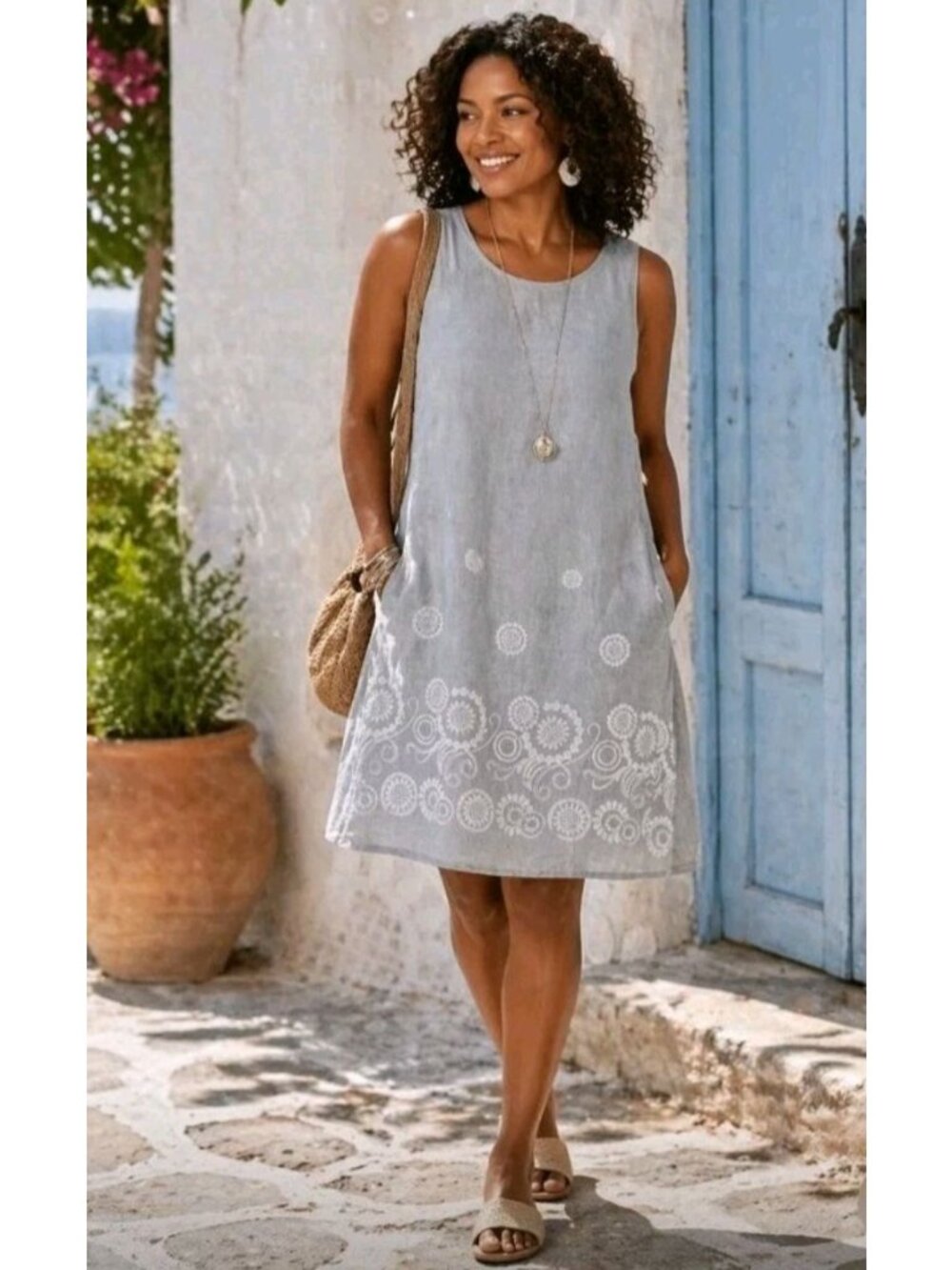 Lina Tomei Embroidered Linen Shift Dress Boho Quiet Luxury Pockets Size Small